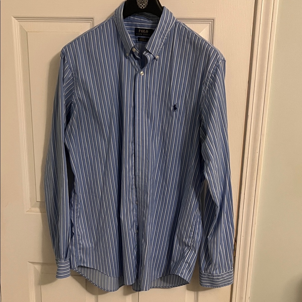 Polo by Ralph Lauren Men's Blue and White Striped Shirt